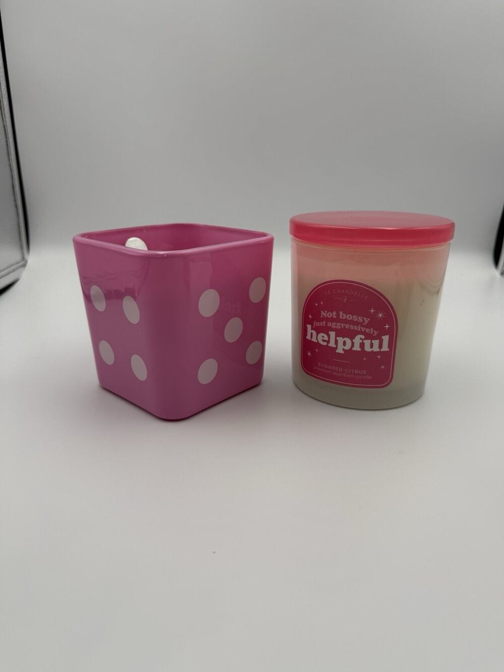Le Chandelle Scented Candles Lot of 2 Pink Ceramic Dice Glass Jar Sugared Citrus